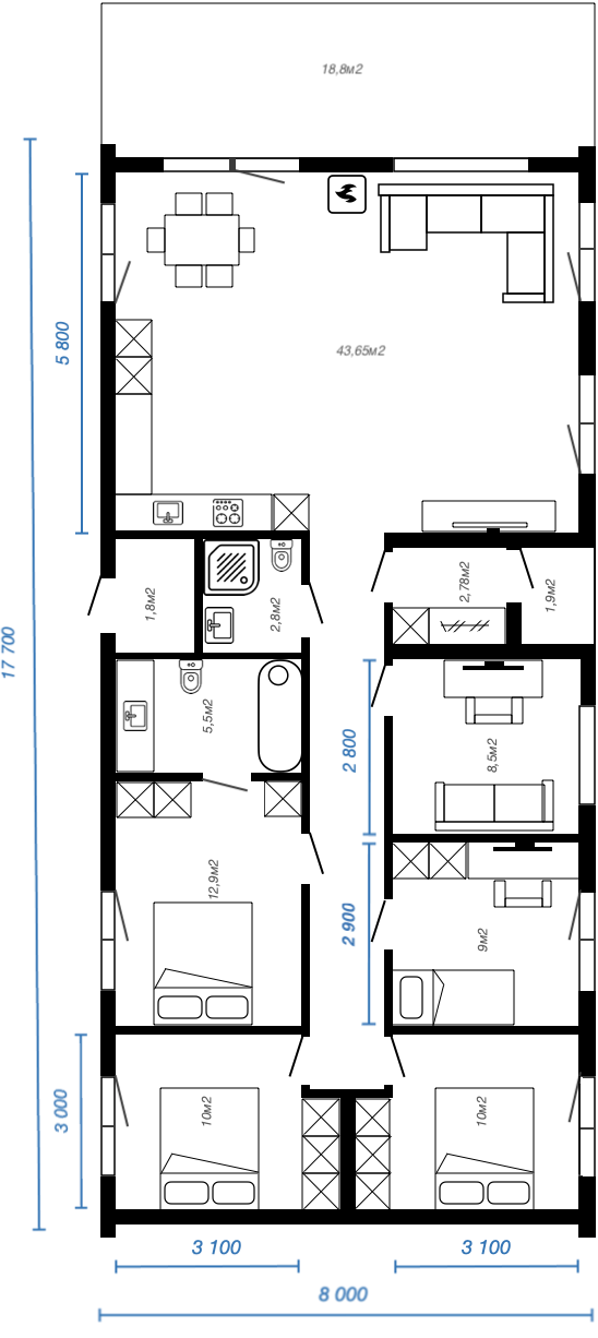 Смотреть планировку модульного дома alpinemax 1 этаж