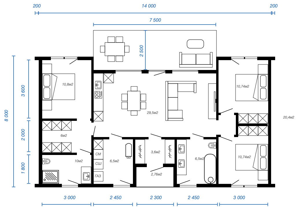 Смотреть планировку модульного дома openspace 1 этаж