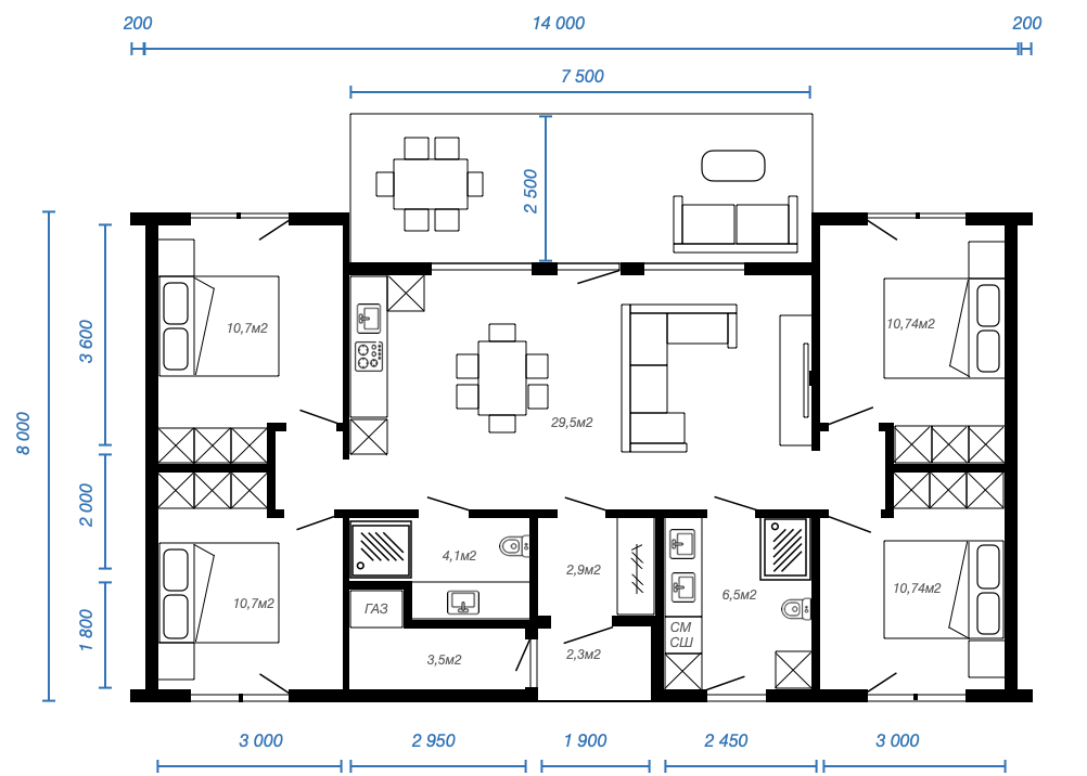 Смотреть планировку модульного дома openspace 1 этаж