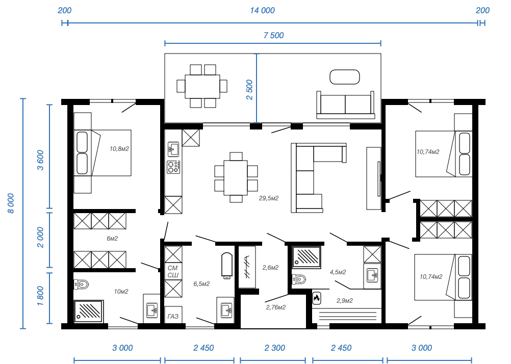 Смотреть планировку модульного дома openspace 1 этаж
